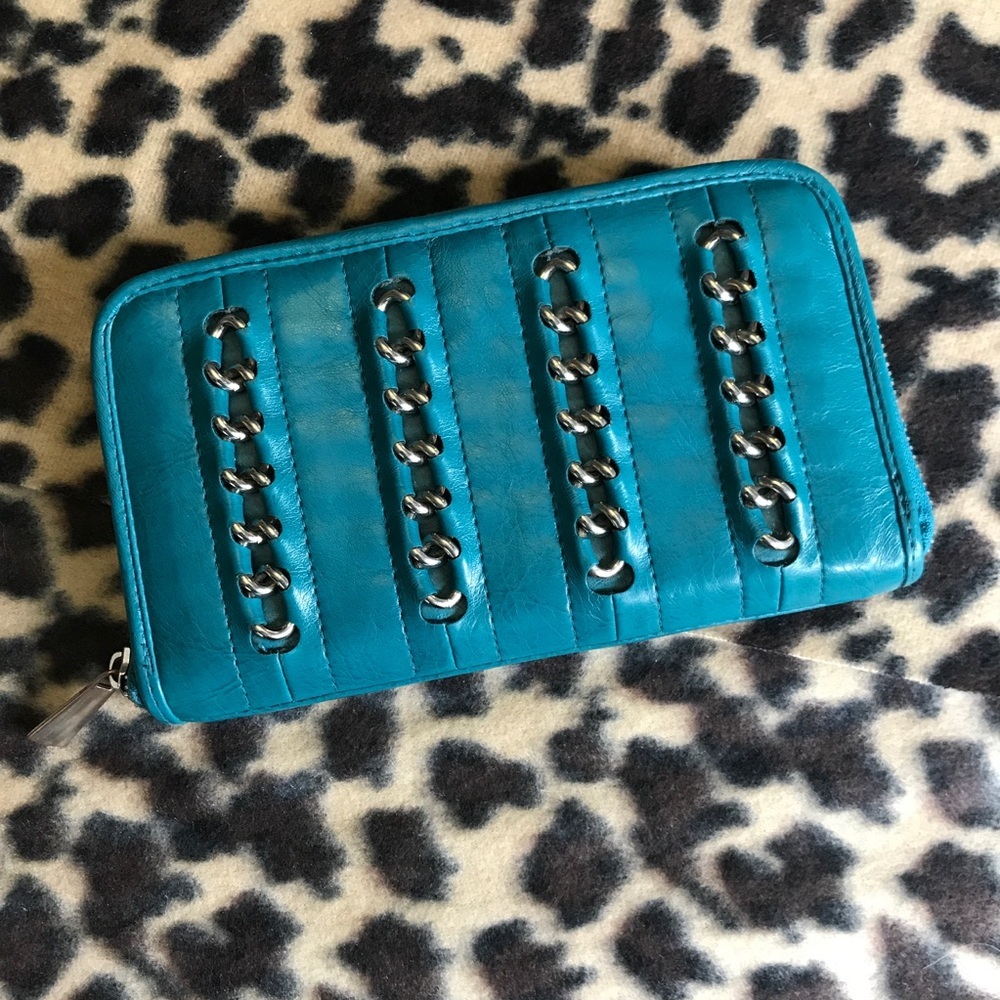 Teal with silver tone chain zip up wallet